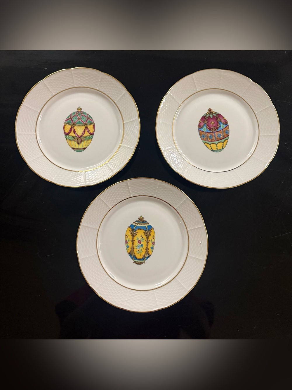 Vintage Email De Limoges Godinger 1855 Faberge Egg Plates Porcelain 3pc 10in